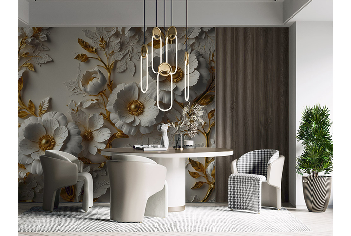 Фотообои «Барельеф цветы с золотом на штукатурке» в интерьере
