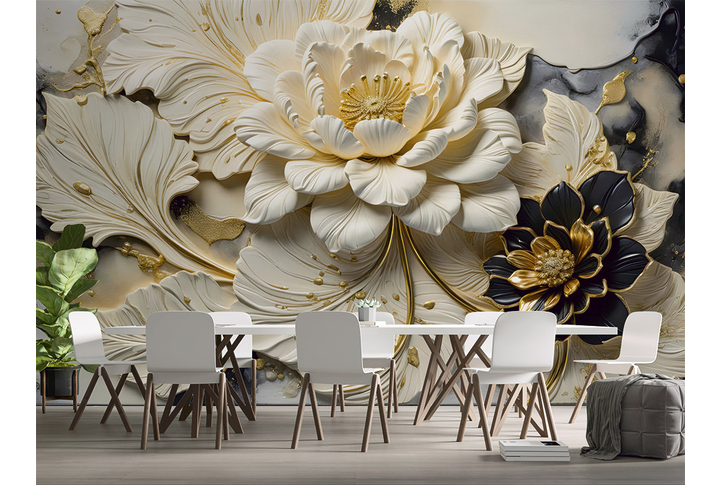 Фотообои «Барельеф цветы на штукатурке» в интерьере