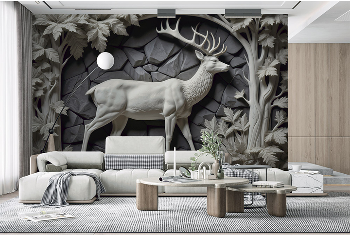 Фотообои «Барельеф с оленем в каменном лесу» в интерьере
