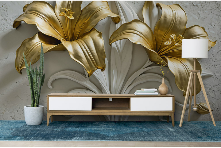 Фотообои «Барельеф с золотыми лилиями на бетоне» в интерьере