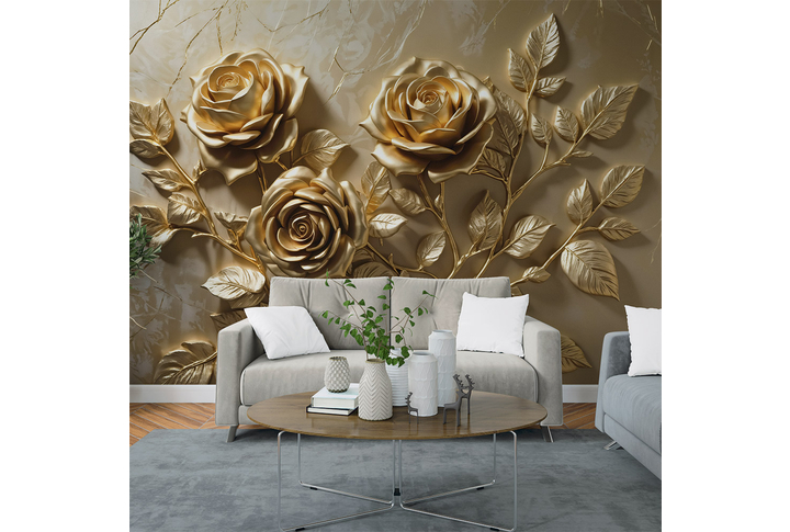 Фотообои «Барельеф с золотыми розами» в интерьере