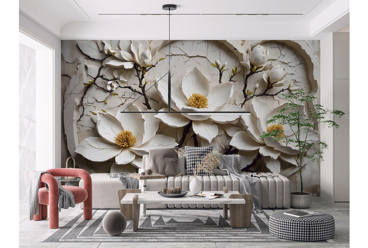 Фотообои «Барельеф с цветами магнолии» в интерьере