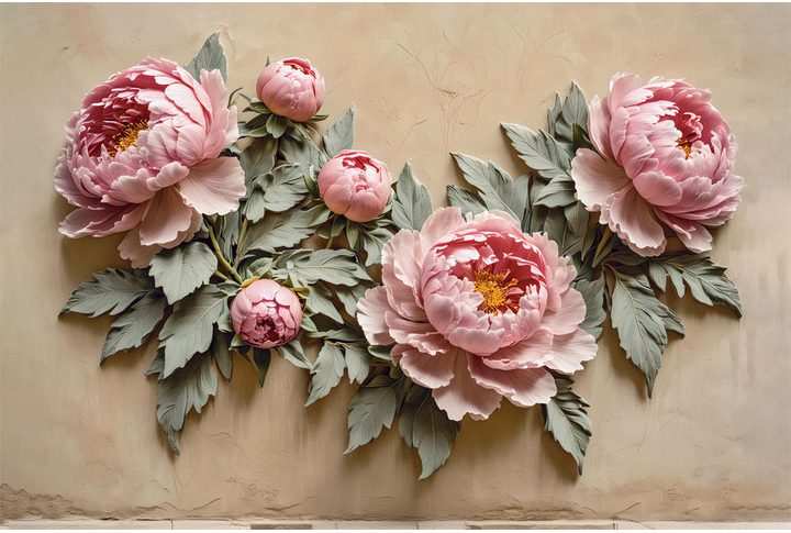 Фотообои «Барельеф Пионы на ветках с тиснением»