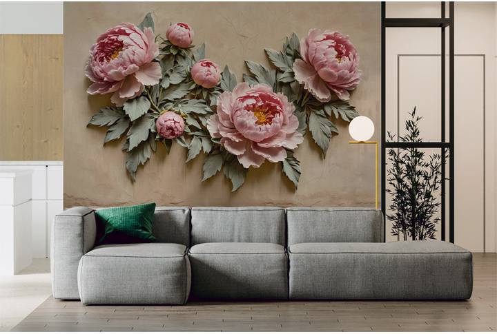 Фотообои «Барельеф Пионы на ветках с тиснением» в интерьере
