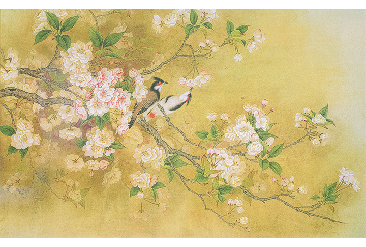 Фотообои «Ветки сакуры и птицы под китайскую живопись»