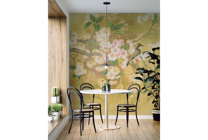 Фотообои «Ветки сакуры и птицы под китайскую живопись» в интерьере