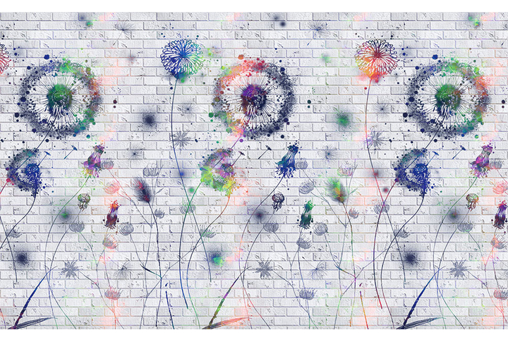 Фотообои «Одуванчики на кирпичной стене»