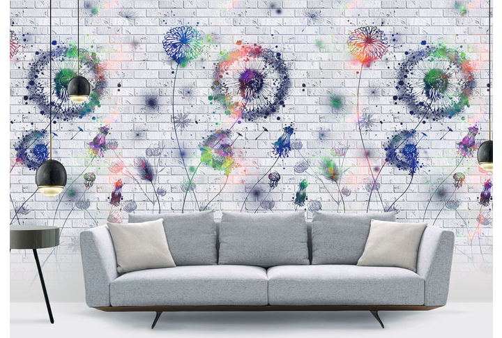 Фотообои «Одуванчики на кирпичной стене» в интерьере