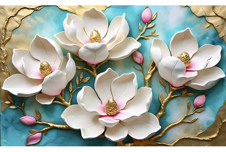 Фотообои «Лепнина с цветами магнолии на золотых ветках»