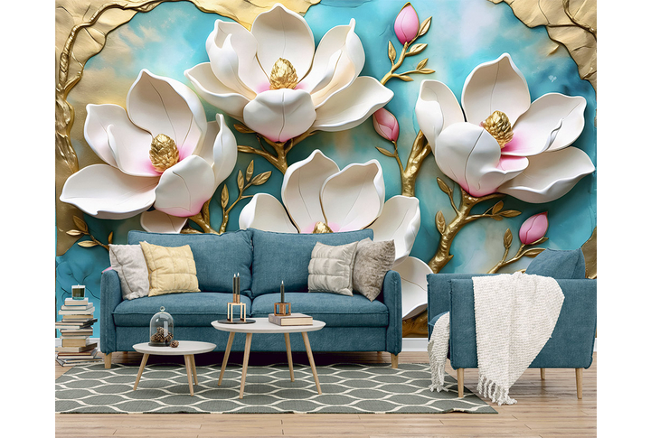 Фотообои «Лепнина с цветами магнолии на золотых ветках» в интерьере
