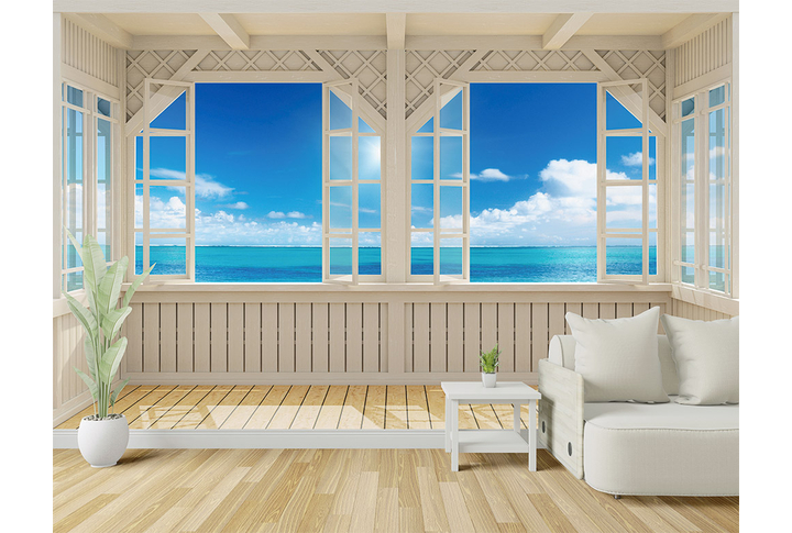 Фотообои «Терраса с окном на море» в интерьере