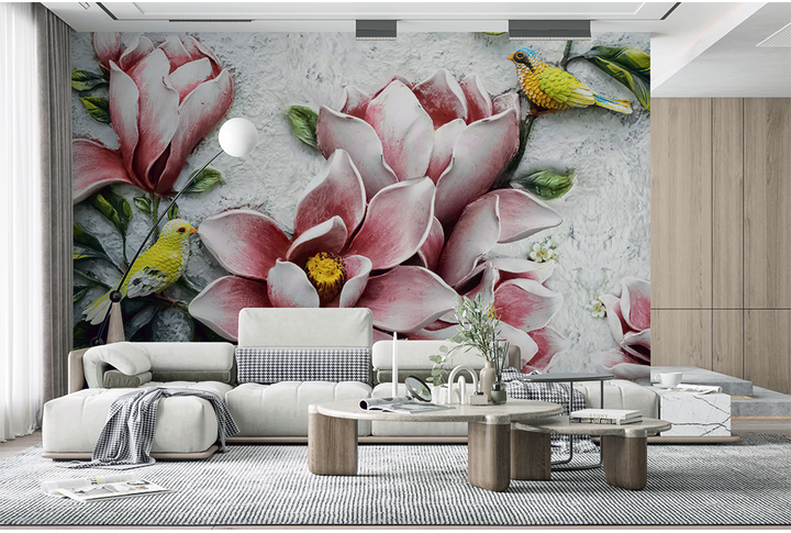 Фотообои «Барельеф с магнолиями и птичками» в интерьере