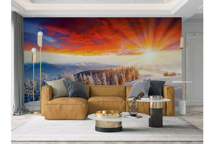 Фотообои «Зимний лес на закате» в интерьере