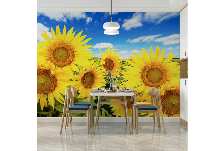 Фотообои «Яркие подсолнухи под облаками» в интерьере