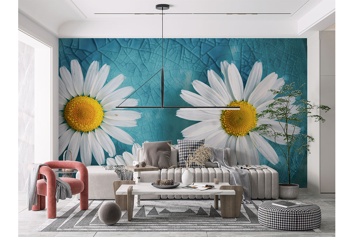 Фотообои «Ромашки на бирюзовой воде» в интерьере
