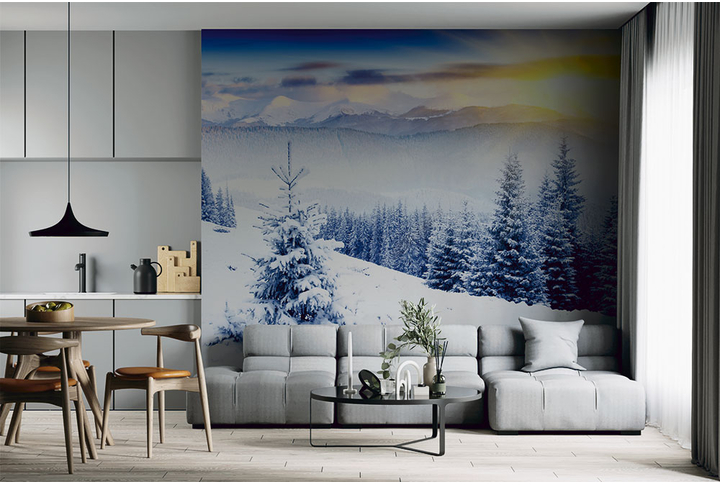 Фотообои «Туманные снежные горы и зимний лес на закате» в интерьере