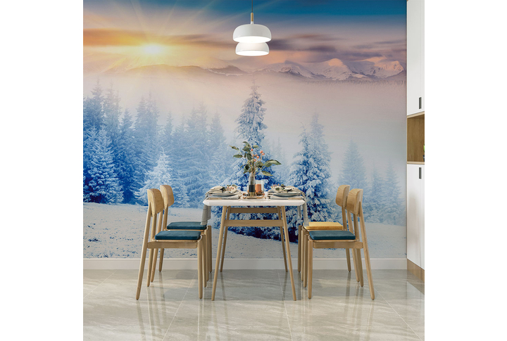 Фотообои «Рассвет над зимним лесом в горах» в интерьере