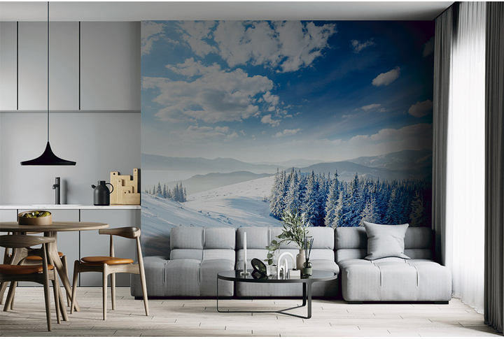 Фотообои «Лес зимой в заснеженных горах» в интерьере