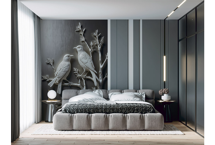 Фотообои «Барельеф с ветвящимся деревом и белыми птицами» в интерьере