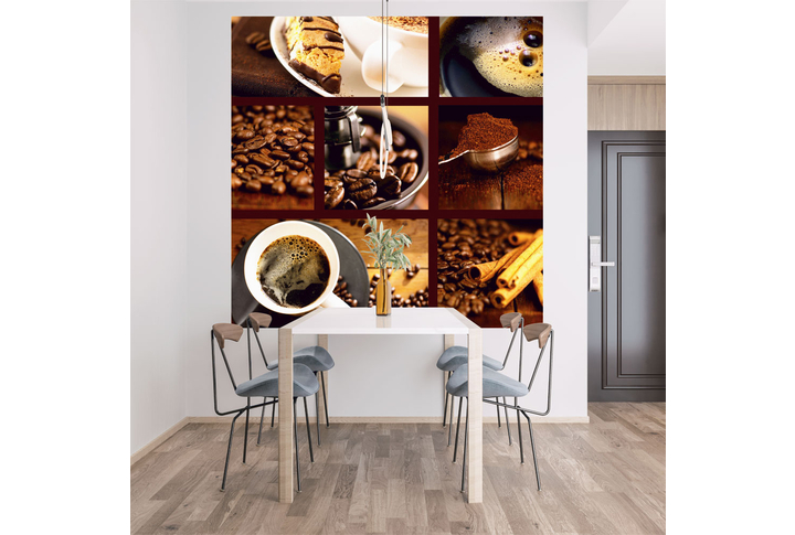 Фотообои «Кофейный коллаж, чашка кофе и зерна» в интерьере