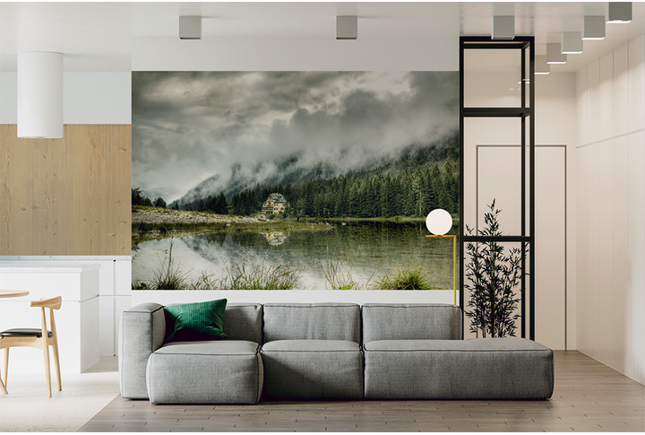 Фотообои «Туманная природа, лес у озера» в интерьере