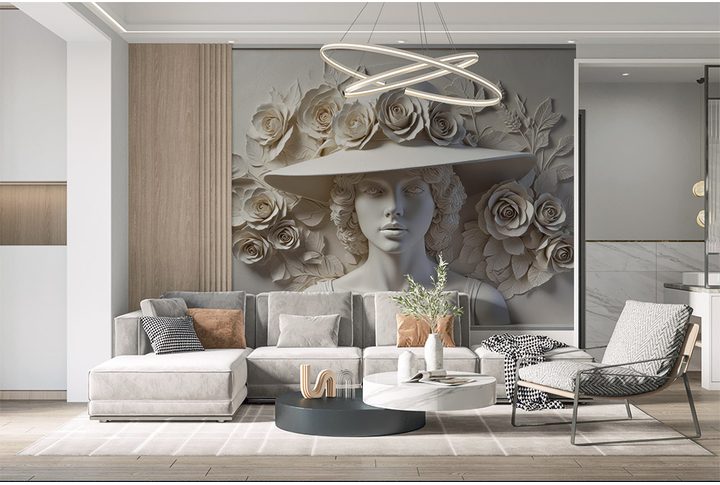 Фотообои «Барельеф женщина в шляпе с розами» в интерьере