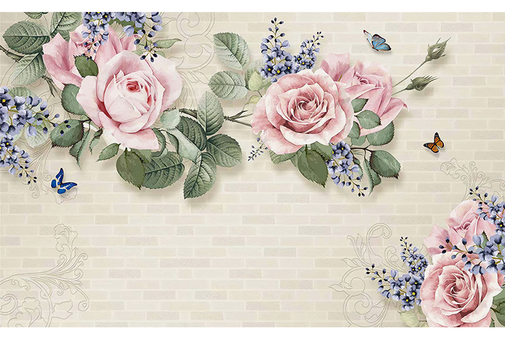 Фотообои «Ветки акварельных роз на кирпиче»