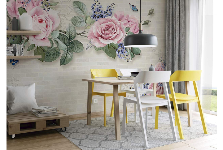 Фотообои «Ветки акварельных роз на кирпиче» в интерьере