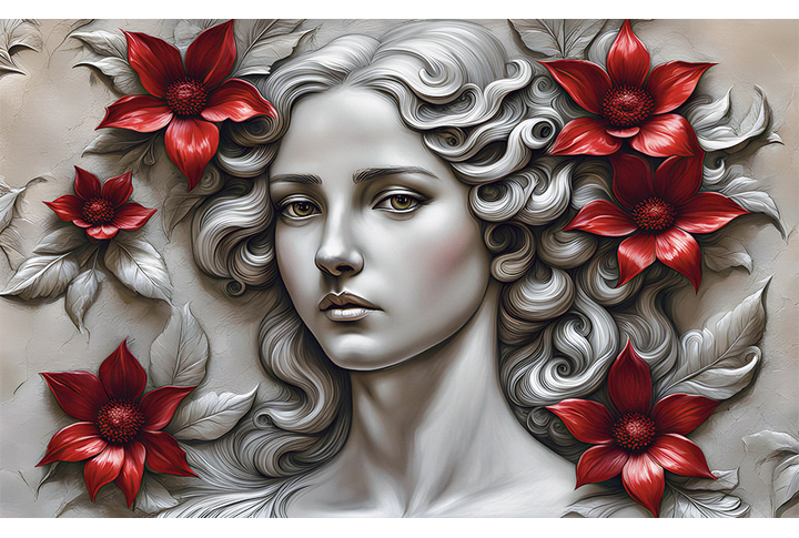 Фотообои «Барельеф девушка с красными цветами»