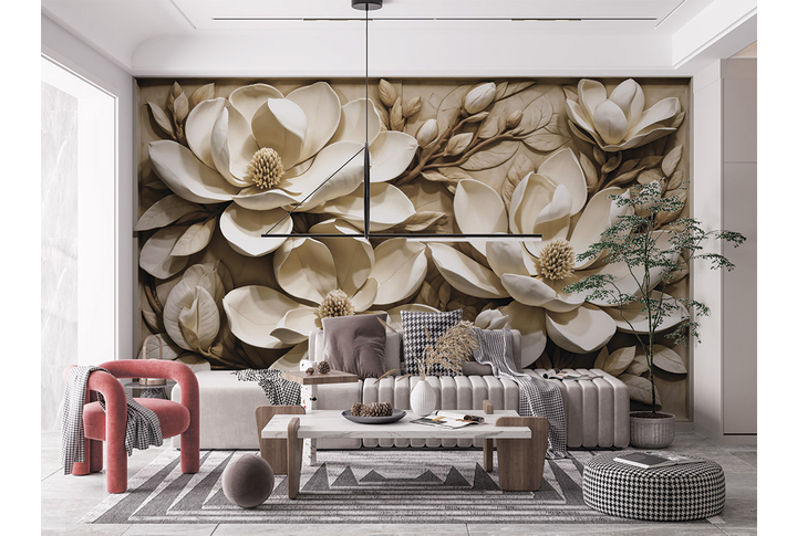Фотообои «Магнолия на ветке под барельеф» в интерьере