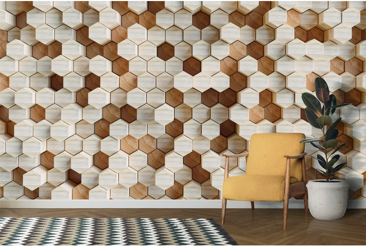 Фотообои «Деревянные шестигранники» в интерьере