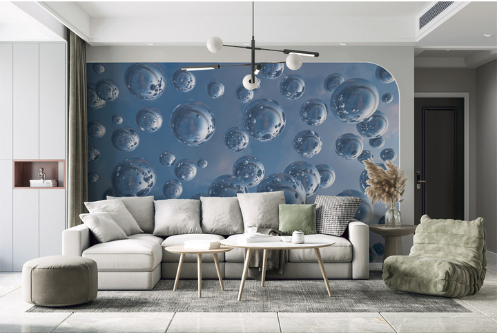 Фотообои «Зеркальные шары на фоне облаков» в интерьере