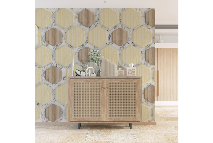 Фотообои «Шестигранники под дерево на мраморе» в интерьере