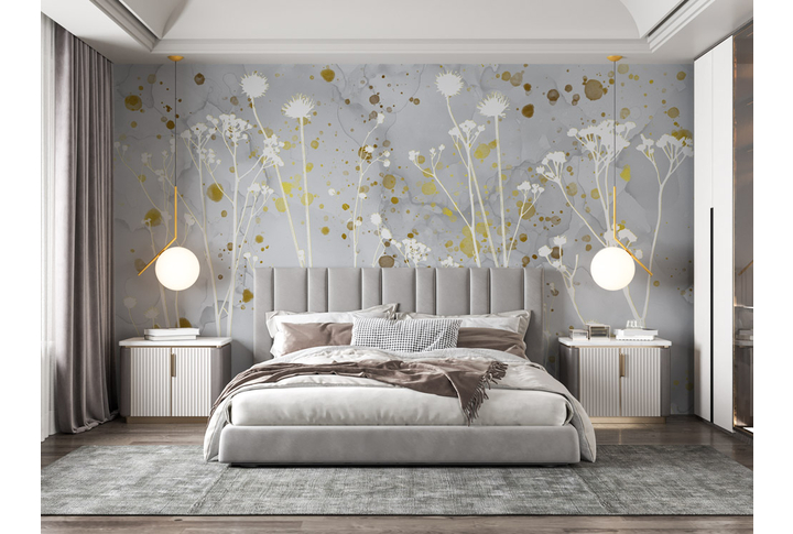 Фотообои «Абстрактные цветы на сером фоне» в интерьере