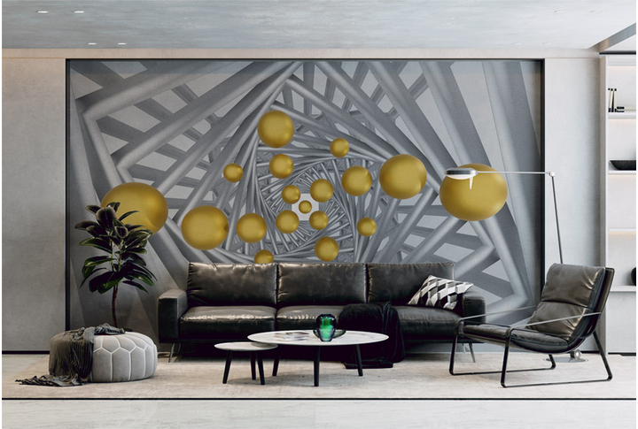 Фотообои «Футуристический тоннель с золотыми шарами» в интерьере