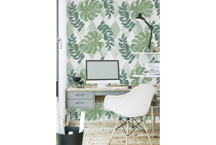 Фотообои «Монстера и ромбы» в интерьере