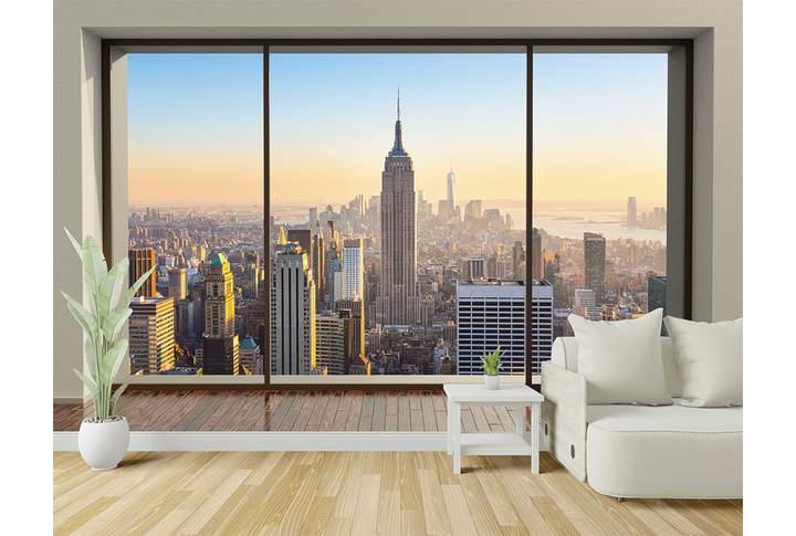 Фотообои «Окно пентхауса с видом на Нью-Йорк» в интерьере