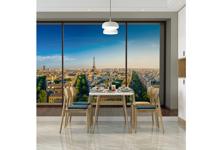 Фотообои «Окно с видом на Эйфелеву башню» в интерьере
