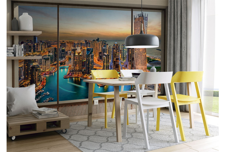 Фотообои «Окно с видом на ночной Дубай» в интерьере
