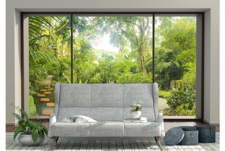 Фотообои «Окно с видом на тропический сад» в интерьере