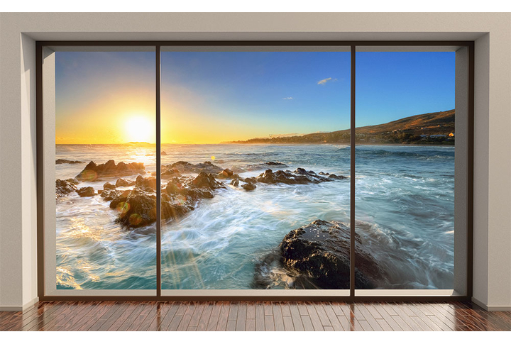 Фотообои «Окно с видом на закат над морем»