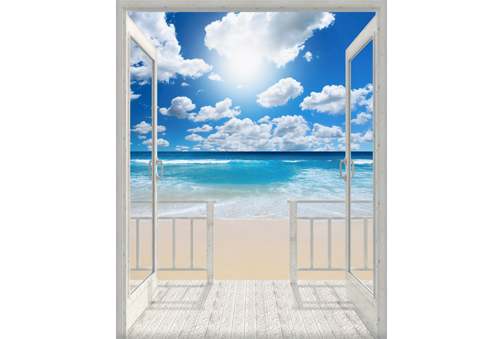 Фотообои «Балкон с окном на морской пляж»