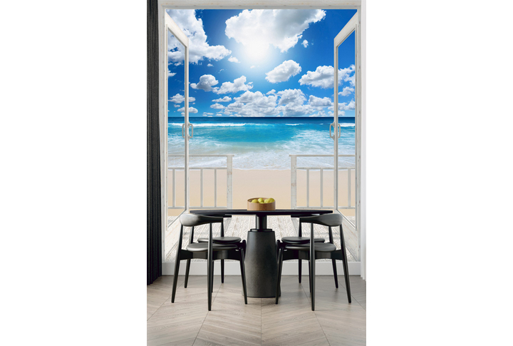 Фотообои «Балкон с окном на морской пляж» в интерьере