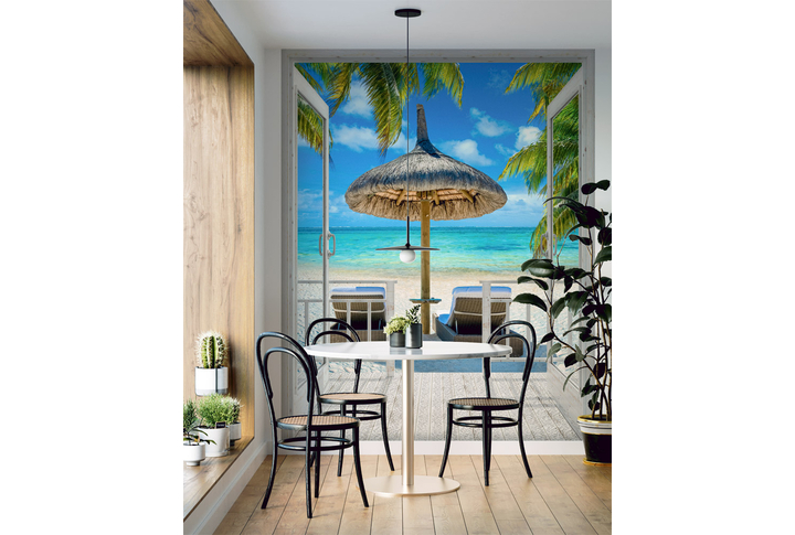 Фотообои «Окно с видом на морскую террасу» в интерьере