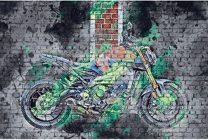 Фотообои «Мотоцикл под граффити в черных тонах, лофт композиция»