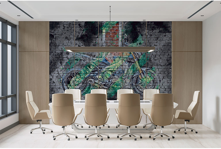 Фотообои «Мотоцикл под граффити в черных тонах, лофт композиция» в интерьере