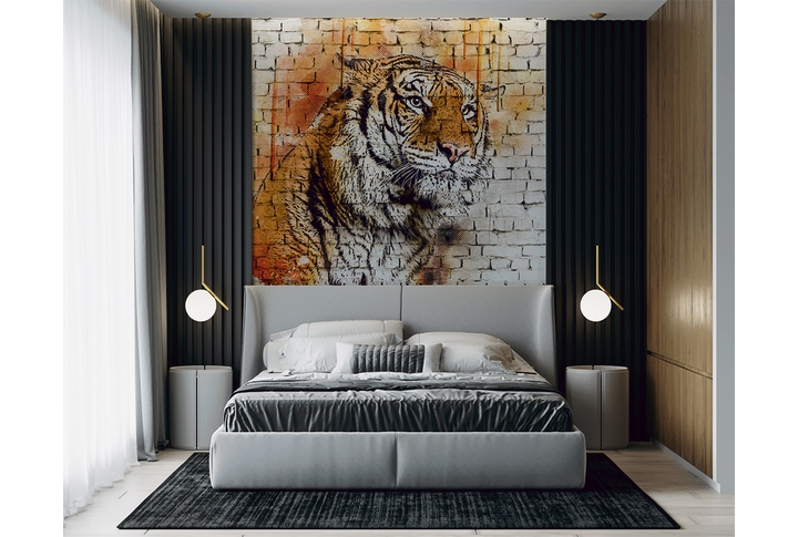 Фотообои «Тигр, граффити на кирпиче, лофт» в интерьере