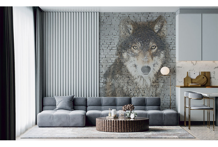 Фотообои «Волк на кирпиче под лофт» в интерьере