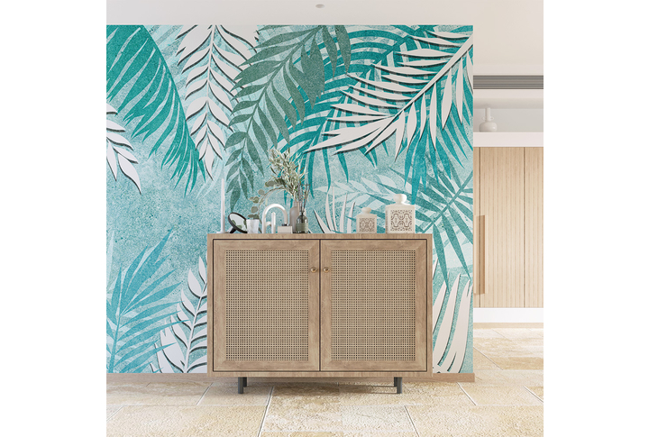 Фотообои «Пальмовые листья на штукатурке» в интерьере
