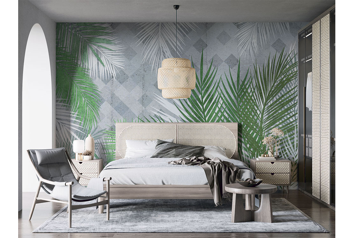 Фотообои «Пальмовые листья на бетоне» в интерьере